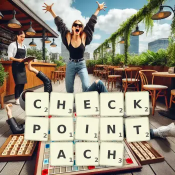 Kreatywna ilustracja do gry w Scrabble ze słowem CHECKPOINTACH ułożonym z płytek na planszy.