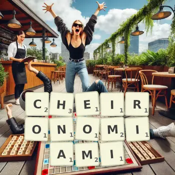 Kreatywna ilustracja do gry w Scrabble ze słowem CHEIRONOMIAMI ułożonym z płytek na planszy.