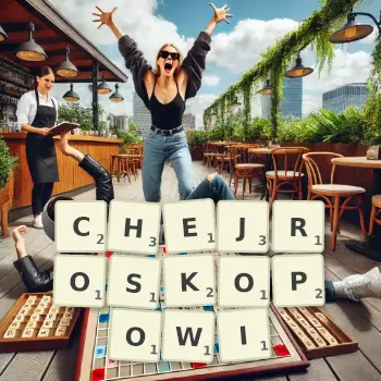 Kreatywna ilustracja do gry w Scrabble ze słowem CHEJROSKOPOWI ułożonym z płytek na planszy.