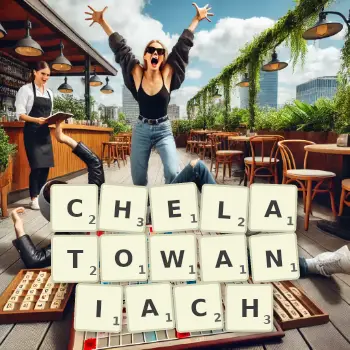 Kreatywna ilustracja do gry w Scrabble ze słowem CHELATOWANIACH ułożonym z płytek na planszy.