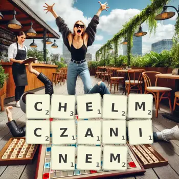 Kreatywna ilustracja do gry w Scrabble ze słowem CHELMCZANINEM ułożonym z płytek na planszy.