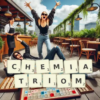 Kreatywna ilustracja do gry w Scrabble ze słowem CHEMIATRIOM ułożonym z płytek na planszy.