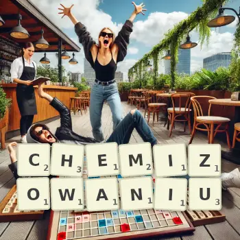 Kreatywna ilustracja do gry w Scrabble ze słowem CHEMIZOWANIU ułożonym z płytek na planszy.
