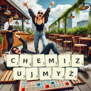Kreatywna ilustracja do gry w Scrabble ze słowem CHEMIZUJMYŻ ułożonym z płytek na planszy.