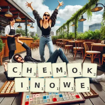 Kreatywna ilustracja do gry w Scrabble ze słowem CHEMOKINOWE ułożonym z płytek na planszy.