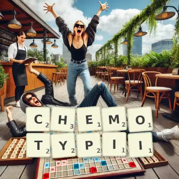 Kreatywna ilustracja do gry w Scrabble ze słowem CHEMOTYPII ułożonym z płytek na planszy.