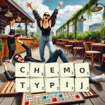 Kreatywna ilustracja do gry w Scrabble ze słowem CHEMOTYPIJ ułożonym z płytek na planszy.
