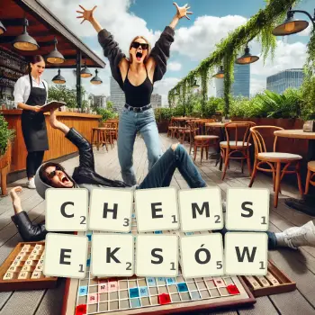 Kreatywna ilustracja do gry w Scrabble ze słowem CHEMSEKSÓW ułożonym z płytek na planszy.