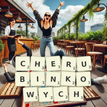 Kreatywna ilustracja do gry w Scrabble ze słowem CHERUBINKOWYCH ułożonym z płytek na planszy.