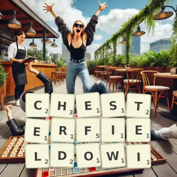 Kreatywna ilustracja do gry w Scrabble ze słowem CHESTERFIELDOWI ułożonym z płytek na planszy.