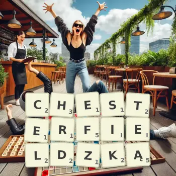 Kreatywna ilustracja do gry w Scrabble ze słowem CHESTERFIELDZKĄ ułożonym z płytek na planszy.
