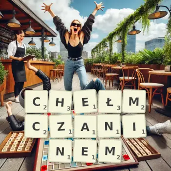 Kreatywna ilustracja do gry w Scrabble ze słowem CHEŁMCZANINEM ułożonym z płytek na planszy.