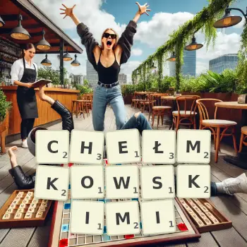 Kreatywna ilustracja do gry w Scrabble ze słowem CHEŁMKOWSKIMI ułożonym z płytek na planszy.
