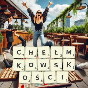 Kreatywna ilustracja do gry w Scrabble ze słowem CHEŁMKOWSKOŚCI ułożonym z płytek na planszy.