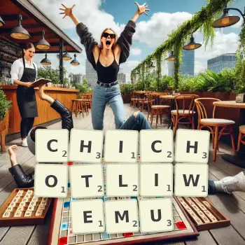 Kreatywna ilustracja do gry w Scrabble ze słowem CHICHOTLIWEMU ułożonym z płytek na planszy.