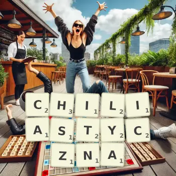 Kreatywna ilustracja do gry w Scrabble ze słowem CHILIASTYCZNA ułożonym z płytek na planszy.