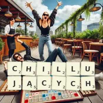 Kreatywna ilustracja do gry w Scrabble ze słowem CHILLUJĄCYCH ułożonym z płytek na planszy.