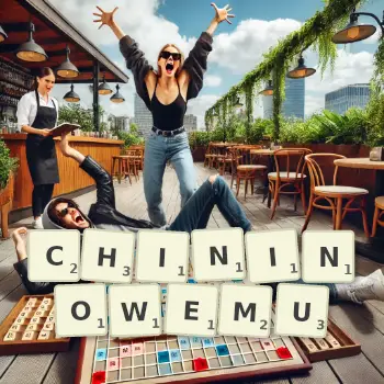 Kreatywna ilustracja do gry w Scrabble ze słowem CHININOWEMU ułożonym z płytek na planszy.