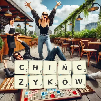 Kreatywna ilustracja do gry w Scrabble ze słowem CHIŃCZYKÓW ułożonym z płytek na planszy.