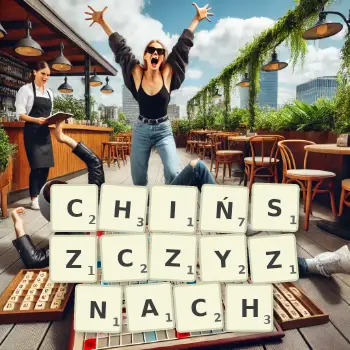 Kreatywna ilustracja do gry w Scrabble ze słowem CHIŃSZCZYZNACH ułożonym z płytek na planszy.