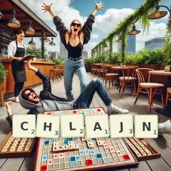 Kreatywna ilustracja do gry w Scrabble ze słowem CHLAJN ułożonym z płytek na planszy.