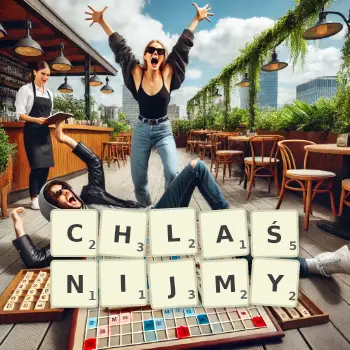 Kreatywna ilustracja do gry w Scrabble ze słowem CHLAŚNIJMY ułożonym z płytek na planszy.