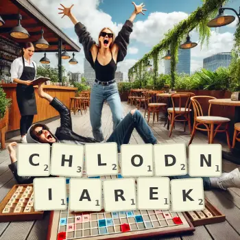 Kreatywna ilustracja do gry w Scrabble ze słowem CHLODNIAREK ułożonym z płytek na planszy.