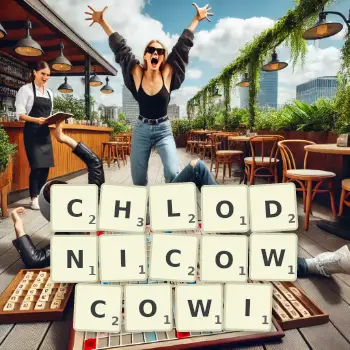 Kreatywna ilustracja do gry w Scrabble ze słowem CHLODNICOWCOWI ułożonym z płytek na planszy.
