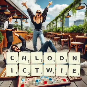 Kreatywna ilustracja do gry w Scrabble ze słowem CHLODNICTWIE ułożonym z płytek na planszy.