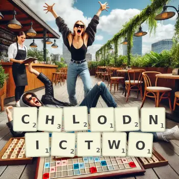 Kreatywna ilustracja do gry w Scrabble ze słowem CHLODNICTWO ułożonym z płytek na planszy.