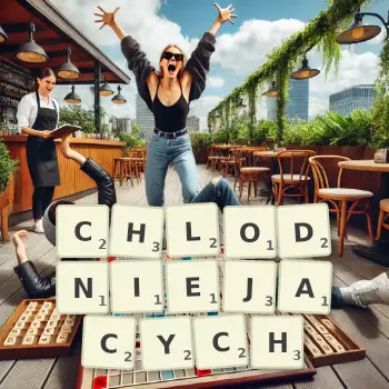 Kreatywna ilustracja do gry w Scrabble ze słowem CHLODNIEJACYCH ułożonym z płytek na planszy.