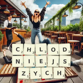 Kreatywna ilustracja do gry w Scrabble ze słowem CHLODNIEJSZYCH ułożonym z płytek na planszy.