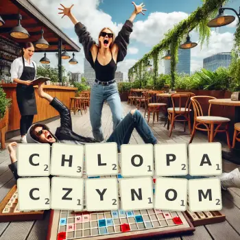 Kreatywna ilustracja do gry w Scrabble ze słowem CHLOPACZYNOM ułożonym z płytek na planszy.