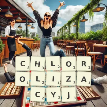 Kreatywna ilustracja do gry w Scrabble ze słowem CHLOROLIZACYJ ułożonym z płytek na planszy.