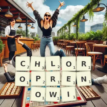 Kreatywna ilustracja do gry w Scrabble ze słowem CHLOROPRENOWI ułożonym z płytek na planszy.
