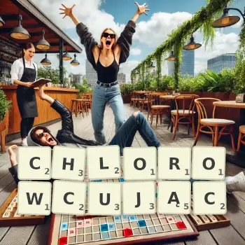 Kreatywna ilustracja do gry w Scrabble ze słowem CHLOROWCUJĄC ułożonym z płytek na planszy.