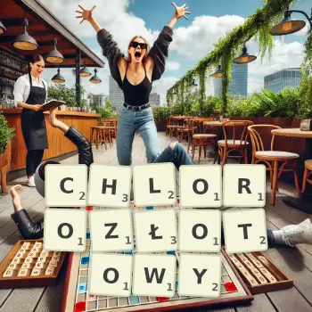 Kreatywna ilustracja do gry w Scrabble ze słowem CHLOROZŁOTOWY ułożonym z płytek na planszy.