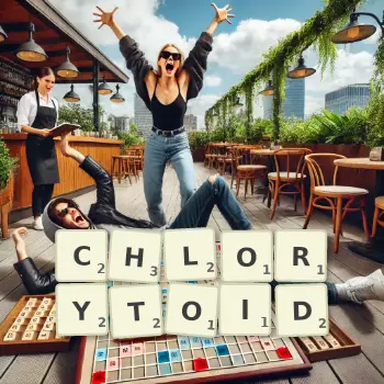 Kreatywna ilustracja do gry w Scrabble ze słowem CHLORYTOID ułożonym z płytek na planszy.