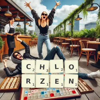 Kreatywna ilustracja do gry w Scrabble ze słowem CHLORZEN ułożonym z płytek na planszy.