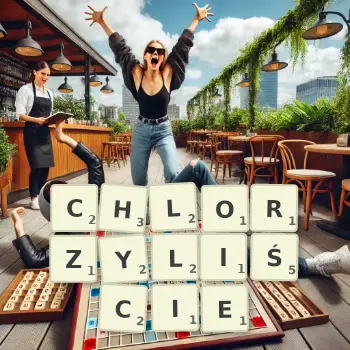 Kreatywna ilustracja do gry w Scrabble ze słowem CHLORZYLIŚCIE ułożonym z płytek na planszy.