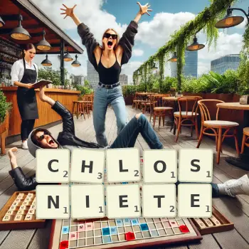 Kreatywna ilustracja do gry w Scrabble ze słowem CHLOSNIETE ułożonym z płytek na planszy.