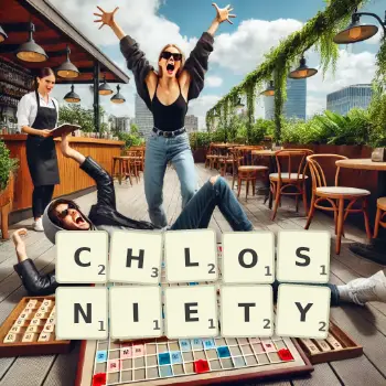 Kreatywna ilustracja do gry w Scrabble ze słowem CHLOSNIETY ułożonym z płytek na planszy.