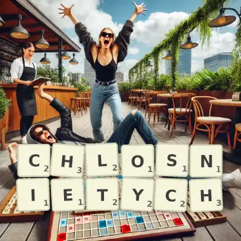 Kreatywna ilustracja do gry w Scrabble ze słowem CHLOSNIETYCH ułożonym z płytek na planszy.