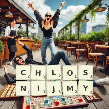 Kreatywna ilustracja do gry w Scrabble ze słowem CHLOSNIJMY ułożonym z płytek na planszy.