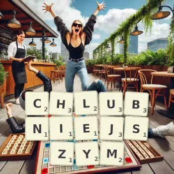 Kreatywna ilustracja do gry w Scrabble ze słowem CHLUBNIEJSZYM ułożonym z płytek na planszy.