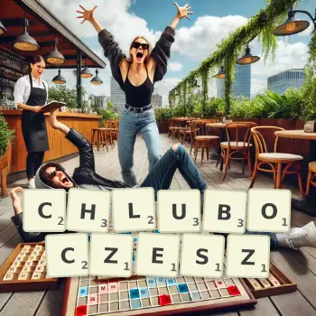 Kreatywna ilustracja do gry w Scrabble ze słowem CHLUBOCZESZ ułożonym z płytek na planszy.