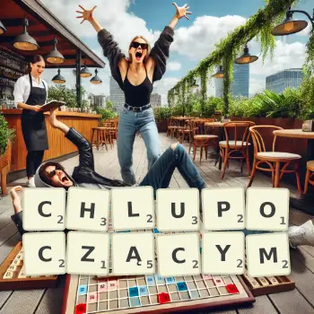 Kreatywna ilustracja do gry w Scrabble ze słowem CHLUPOCZĄCYM ułożonym z płytek na planszy.