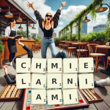 Kreatywna ilustracja do gry w Scrabble ze słowem CHMIELARNIAMI ułożonym z płytek na planszy.