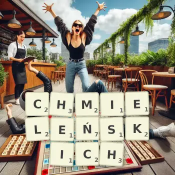 Kreatywna ilustracja do gry w Scrabble ze słowem CHMIELEŃSKICH ułożonym z płytek na planszy.
