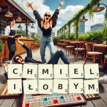 Kreatywna ilustracja do gry w Scrabble ze słowem CHMIELIŁOBYM ułożonym z płytek na planszy.